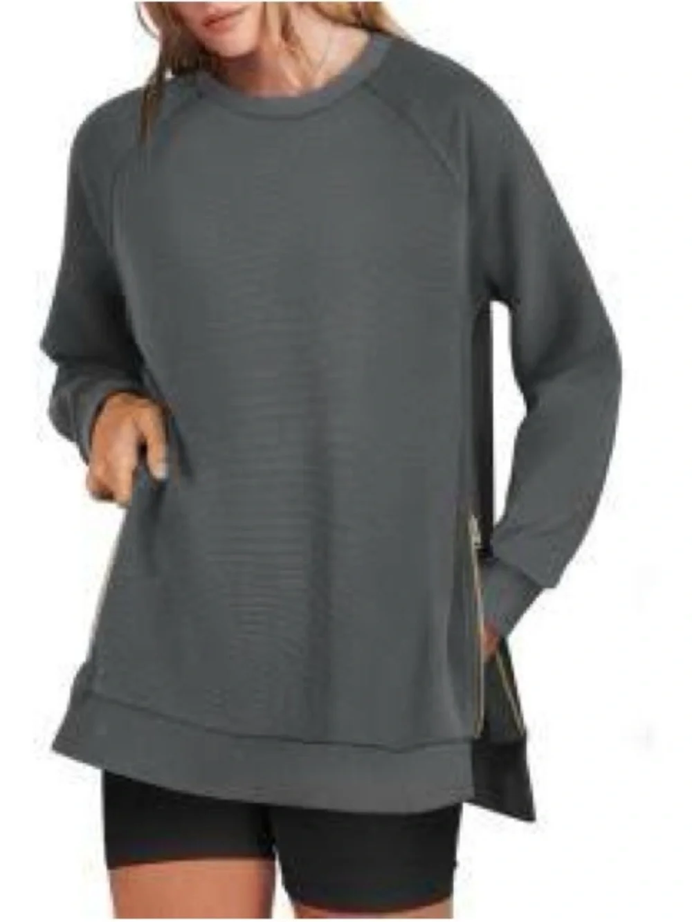 Relaxed Charcoal Crewneck Sweater with Side Zips